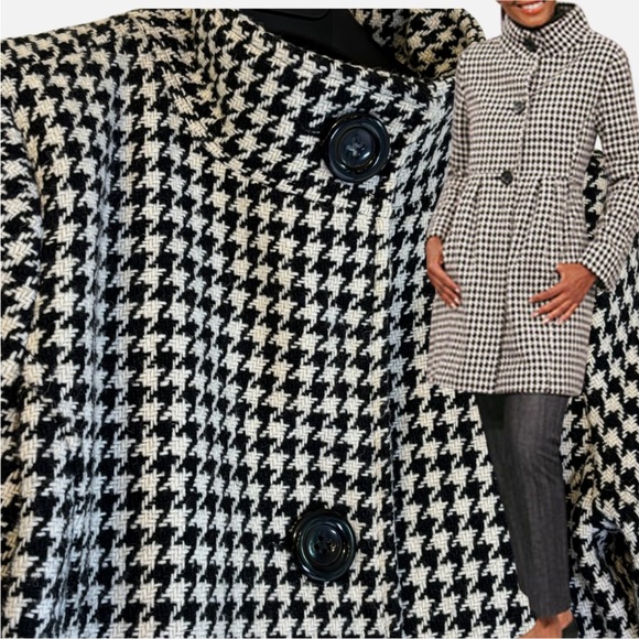 Wool Blend Houndstooth Pea Coat Lg Pleated Peplum Retro Mod Vibe Dark Academia - Picture 1 of 6